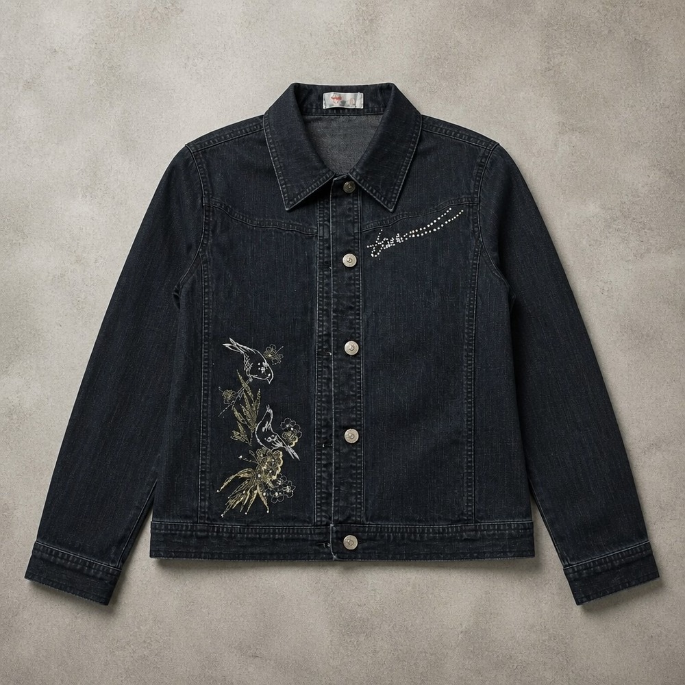 Jeanbay Women Stretch Denim Jacket Embroidered Bird Rhinestone Blue Size L